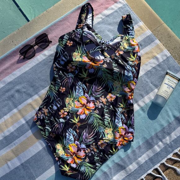 NWOT, Tropical Floral One-Piece Swimsuit, Sz L, Stretchy & Flattering - Picture 5 of 7